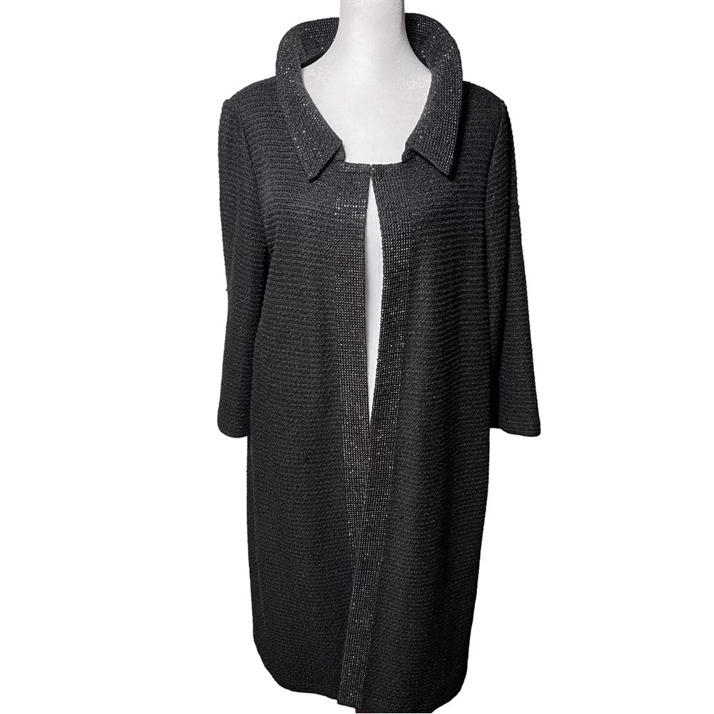 St. John Black Evening Long Jacket Coat Duster Beaded Metallic 3/4 Sleeve 14